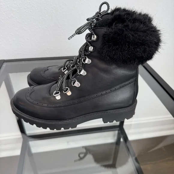 CHARLES DAVID Leather Black Combat Boots Faux Fur Trim Size 8 - Picture 6 of 14